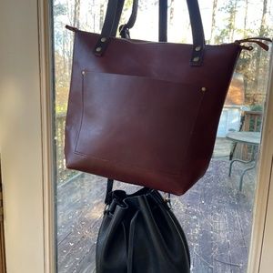 Portland Leather Cognac Tote and Black Bucket Bag